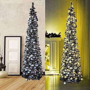 Black Halloween Christmas Tree with 50 Lights,5ft Pop Up Artificial Collapsible Pencil Tinsel Trees for Bedroom Decorations Holiday Party WOKEISE