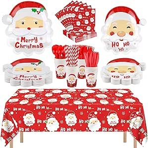 durony 201 Pieces Christmas Party Tableware Set Disposable Santa Claus Tablecloth, 7 and 9 Inch Plates, Napkins, Cups, Straws, Cutlery for Christmas Party Supplies Holiday Birthday 25 Guests