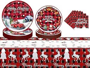 24 Guests Christmas Party Supplies Tableware Set Red Vintage Buffalo Plaid Christmas Paper Plates and Napkins, Table cover for Xmas Christmas Vacation Decorations Christmas Party Favors