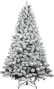 6ft Flocked Christmas Tree, Flocked Artificial Christmas Pine Tree, Flocked Hinged Xmas Tree with Pine Cone,Reinforced Metal Base & Easy Assembly,Snow Flocked Christmas Tree for Indoor and Outdoor