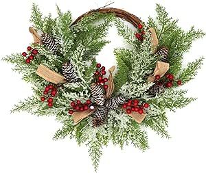 Christmas Artificial Wreath for Front Door, Outdoor Christmas Wreath Flocked with Mixed Decorations, Holiday Greenery Wreath with Pinecones, Red Berries, and Snowflake, 23 inches
