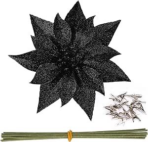 CEWOR 12 Pcs Christmas Tree Decor Flowers Glitter Artificial Poinsettia Flowers with Clips and Stems for Xmas Wedding Party Wreaths Decorations, 6.7 Inch (Black)