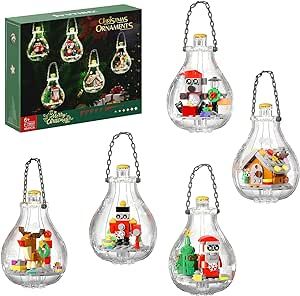 Christmas Building Block Set, Christmas Tree Ornament Decoration with Light, Compatible with Lego, Santa Claus Gingerbread House Nutcracker Elk Polar Bear Toy, Suitable Gift for Kids 6+(404 Pcs)