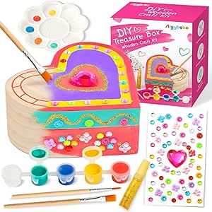 Aigybobo Arts and Crafts Painting Kit for Kids Ages 4 5 6 7 8, Paint Your Own Wooden Treasure Box Kit, DIY Creativity Activity Toys, Christmas Valentine Birthday Gifts for Girls 4-6, 6-8 Years Old