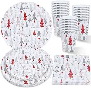 Christmas Party Supplies 96 Pieces White Christmas Tree Paper Dessert Plates, Dinner Plates, Party Napkins, Paper Cups Disposable Tableware Set New Year Party Decorations