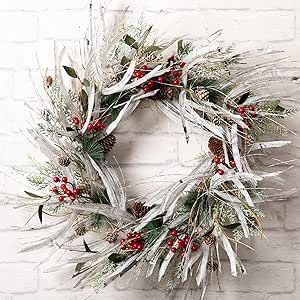 LOHASBEE Artificial Christmas Wreath, 24" Snow Flocked Pine Cone Grapevine Frosted Wreath with Red Berries Eucalyptus for Front Door Winter Christmas Home Hanging Wall Window Party Decor