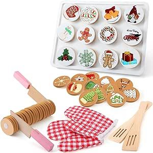 Soaoo 31 Pieces Slice and Bake Wooden Christmas Cookie Play Food Set Pretend Cookies and Baking Sheet Wooden Play Food Set Toy Baking Set for Kids