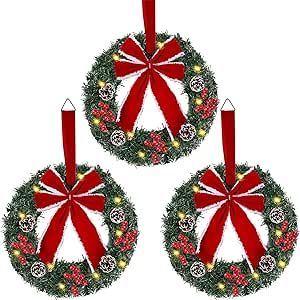 Hausse Set of 3 Christmas Wreaths, Lighted Artificial Christmas Wreath with LED Lights & Large Red Bow Ornaments, 8 Modes & Timer, Battery Operated for Front Door Gate Wall Xmas Party Decorations