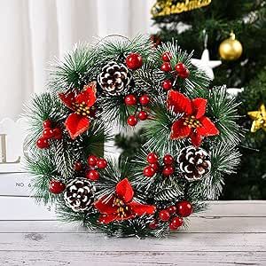 Ochine Snow Flocked Christmas Wreath 12'' Artificial Winter Front Door Wreath Pinecones Mixed Decoration Outdoor Xmas Tree Garland for Holiday New Years Indoor Wall Window Fireplace Decorations