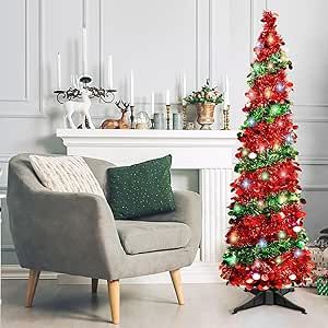 QBA 5FT Pop Up Christmas Tree with 90 Lights, Collapsible Tinsel Christmas Tree Artificial Christmas Tree Pencil Tree for Home Office Party Fireplace Holiday Decorations, Red Green