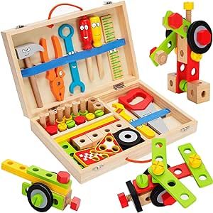 WEMEMORN Tool Kit for Kids, 43 pcs Wooden Toddler Tools Set Include Tool Box, Montessori Stem Learning Educational Construction Toys for 3 4 5 6 Year Old Boys Girls, Christmas Birthday Gift for Kids