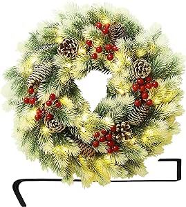 ATDAWN 16 Inch Christmas Wreath, Outdoor Lighted Christmas Wreath for Front Door, Xmas Wreath for Winter Holiday Christmas Party Decorations