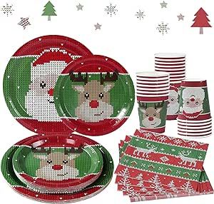 QIFU Christmas Ugly Sweater Party Decoration Set Serves 24 Guests - Disposable Christmas Paper Plates,Napkins & Cups Christmas Party Table Supplies Featuring Santa Claus and Reindeer