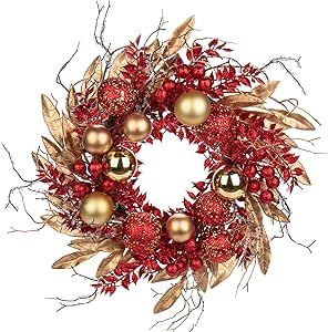 16 in. Unlit Christmas Wreath Red Door Wreath Handcrafted with Artificial Eucalyptus Berries Ornaments for Farmhouse Holiday Thanksgiving Christmas Decoration
