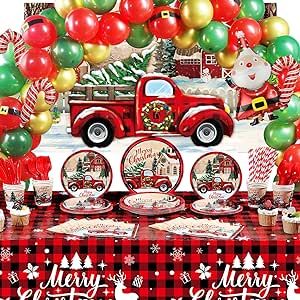 284 Pieces Red Truck Christmas Party Decorations Supplies Set, Red Truck Dinner Dessert Plates Paper Cups Napkins Backdrop Plastic Buffalo Plaid Tablecloth Tableware for Vintage Xmas Holiday Party