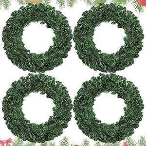 Hotop 4 Pcs 24 Inch Artificial Christmas Wreath for Front Door Christmas Green Farmhouse Wreath DIY Faux Plain Wreaths for Decorating Window Room Christmas Party Decor