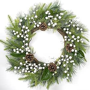 LLZLL 24" Christmas Wreaths for Front Door, Artificial Christmas Wreaths with Lights, Outdoor Winter Wreath with White Berries Pine Cones Ornaments (White)
