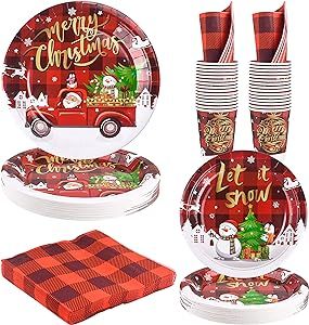 Christmas Paper Plates Serve 30 Guests, 120 PCS Disposable Christmas Party Plates, Xmas Paper Plates and Napkins with Buffalo Plaid Pattern, Designed Christmas Dinnerware Set for Home Party Supplies