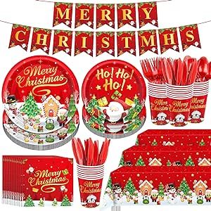 172Pcs Christmas Dinnerware Set Party Supplies Snowman Disposable Tableware Paper Plates and Napkins Banners Plastic tablecloths Cutlery Serves 24 for Merry Christmas Party Home Indoor Outdoor Decor