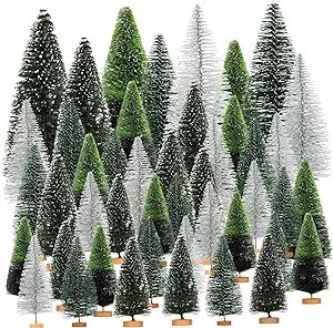 44 Pieces Artificial Mini Christmas Trees,Green Bottle Brush Christmas Trees,Snow Frosted Christmas Tree with Wood Base, Sisal Trees Pine Trees for Crafting Christmas Home Decor