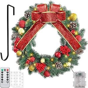 CYAOOI 16 Inch Christmas Wreath with Lights 8 Modes Remote Control, Prelit Christmas Wreaths for Front Door, Xmas Door Wreath with Hanger, Red Bow, Battery Operated Xmas Decorations for Outdoor Indoor