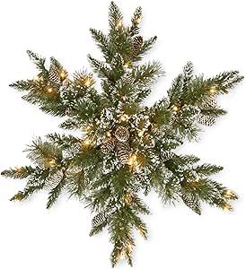 National Tree Company Pre-Lit Artificial Christmas Star Wreath, Green, Glittery Bristle Pine, White Lights, Decorated with Pine Cones, Frosted Branches, Christmas Collection, 32 Inches