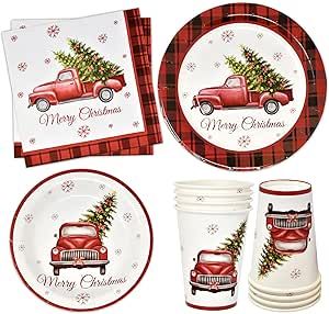 Christmas Red Truck Party Supplies Tableware Set 24 9" Dinner Plates 24 7" Plate 24 9 Oz Cups 24 Lunch Napkin for Holiday Xmas Pickup Trucks with Tree & Buffalo Plaid Disposable Paper Dinnerware Decor