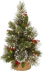 National Tree Company Pre-Lit Artificial Christmas Tree, Green, Wintry Pine, White LED Lights, Decorated with Pine Cones, Berry Clusters, Includes Cloth Bag Base, Battery Operated, 18 Inches