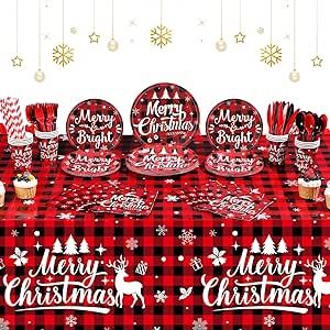 94 Pcs Christmas Buffalo Plaid Party Supplies Red Black Buffalo Plaid Plates Set Christmas Disposable Tableware and Tablecloth Party Pack for Xmas Holiday Party Home Dinner Supply, Serves 24