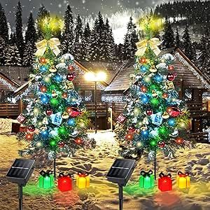 Adecorty Solar Christmas Tree Decorations Outdoor Lights 2 Pack with 60 LED 44 Xmas Ornaments 6 Lighted Gift Boxes 8 Modes 30Inch Mini Prelit Christmas Tree for Porch Pathway Yard Grave Cemetery Decor