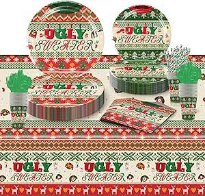 Christmas Party Tableware Set - Serves 25 Ugly Sweater Party Supplies, Disposable Plates, Tablecloth, Cups, Forks, Spoons, Knife, Napkins, Straws Dinnerware Utensils for Winter New Year Birthday Party