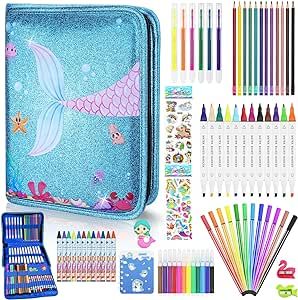 UHdod Gifts for Girls Markers Set 73 Pcs with Glitter Mermaid Pencil Case Art Supplies for Kids, Mermaid Toy Art and Craft Coloring Set for Kids Ages 4-9 Birthday Christmas Gifts