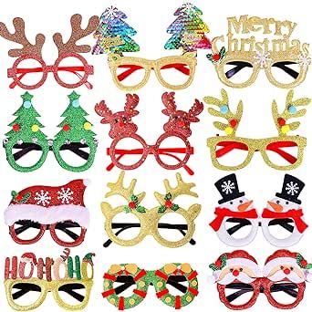 Max Fun 12Pcs Christmas Glasses Glitter Holiday Party Glasses Frames Christmas Decoration Accessories Costume Eyeglasses for Christmas Parties Holiday Favors (One Size Fits All)