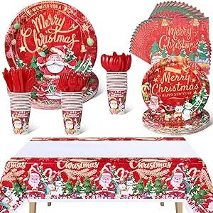 Sawysine 169 Pcs Christmas Party Supplies Xmas Plastic Dinnerware Set Decor Tableware Kit Disposable Plates Forks Spoons Cups Tablecloths and Napkins for Merry Decorations, Serve 24, Red (KF0422)