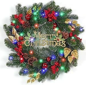 18 Inch Christmas Wreaths for Front Door, Lighted Outdoor Christmas Wreath with 40 LED Lights Timer Pine Cones for Window Fireplace Winter Xmas Decorations, Battery Operated
