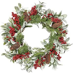 Sggvecsy 19 Inch Artificial Christmas Wreath for Front Door Flocked Lambs Ear Wreath with Red Berries Pine Needles Pinecones Christmas Decorations for Wall Outdoor Home Holiday Xmas Decor