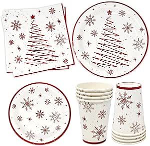 Christmas Squiggle Tree Party Supplies Tableware Set 24 9" Dinner Plates 24 7" Plate 24 9 Oz Cup 24 Lunch Napkin for Holiday Red and White Snowflake Disposable Paper Dinnerware Table Decoration