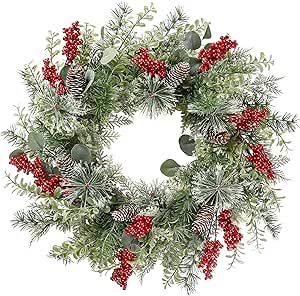 Sggvecsy 21 Inch Artificial Christmas Wreath for Front Door Xmas Red Berry Wreath with Pine Needles Pine Cones Eucalyptus Leaves Christmas Hanging Decorations for Wall Outdoor Home Window Decor