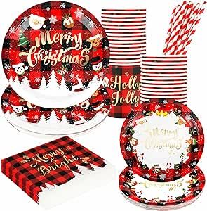 Ocean Line Christmas Paper Plates and Napkins Set, Disposable Holiday Foil Gold Paper Tableware for 24 Guests, Include 7” and 9” Plates, 7 oz Cups, Napkins and Straws