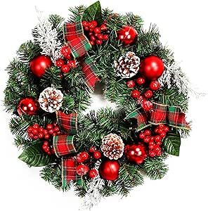 Adeeing 18 Inch Christmas Wreath for Front Door, Christmas Door Wreath with Red and Green Ribbon Berries Pincones Red Ball Ornaments for Door Window Mantle Indoor Outdoor Christmas Decorations