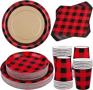 Shojoy 200 Pieces Buffalo Plaid Party Supplies Red and Black Paper Plates Cups and Napkins Disposable Dinnerware Set for Christmas Party, Serves 50 Guests