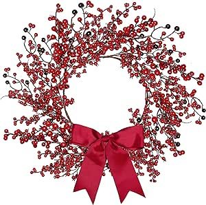 Sggvecsy 18 Inch Artificial Christmas Wreath Red Berry Wreath Handmade Winter Wreath with Bowknot Christmas Decoration for Front Door Home Indoor Outdoor Farmhouse Wall Window Xmas Holiday