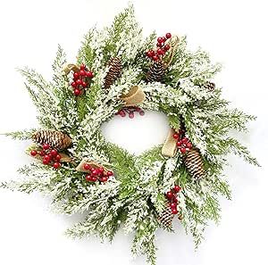 23” Artificial Christmas Wreath for Front Door with Pine Cone, Red Berries, Burlap Ribbon & Snowflake, Indoor Outdoor Holiday Wall Wreath Flocked with Mixed Decorations.
