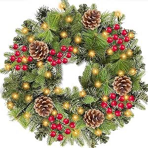 [ Very Thick & Realistic Feel ] 18 Inch Prelit Artificial Christmas Wreath for Front Door Timer 40 Lights 5 Pinecones 30 Red Berries 160 Branches Battery Operated Christmas Decorations Indoor Outdoor