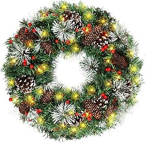 Christmas Wreath,Pre-Lit Artificial Christmas Wreaths for Front Door Decorated with Pine Cones, Red Berries, Frosted Branches,50 LED Lights for Indoor Outdoor Christmas Decorations(18 in)