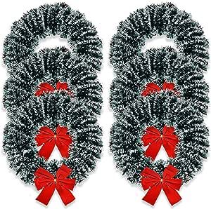 6 Christmas Wreath for Front Door with Red Velvet Bow 13" Hanging Winter Artificial Tinsel Wreaths Crafts for Indoor Outdoor Home Window Wall Holiday Decoration